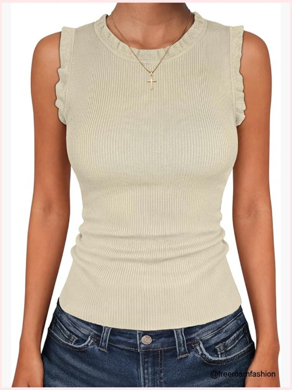 Ribbed Tank Top with Ruffled Trim Crew Neck Sleeveless Shirt Summer Business